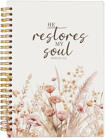 Christian Notebook for Women, Christian Art Gifts Journal, Prayer Journal for Women, Bible Journaling Notebook, PSALM 23:3 He Restores My Soul Floral Spiral Notebook 5.5x8.3
