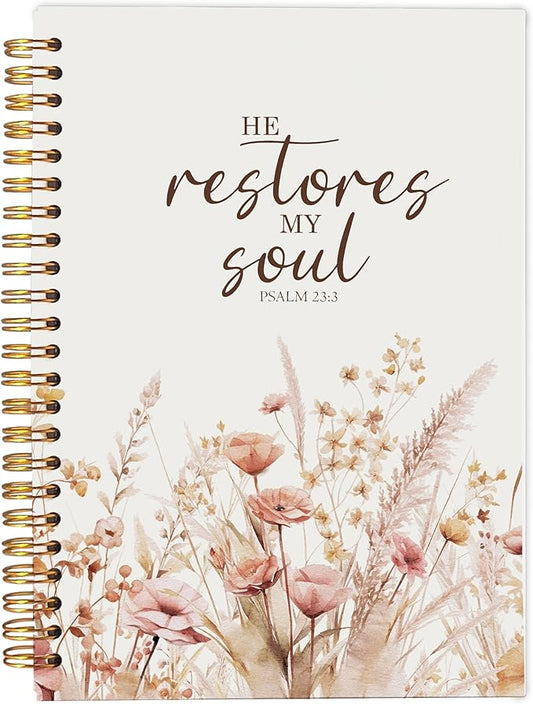 Christian Notebook for Women, Christian Art Gifts Journal, Prayer Journal for Women, Bible Journaling Notebook, PSALM 23:3 He Restores My Soul Floral Spiral Notebook 5.5x8.3