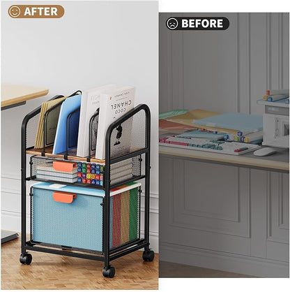 Marbrasse Rolling file Cart with Adjustable Dividers, Mobile File Cabinet on Lockable Wheels, Office Filing Cabinet Organizer, Hanging File Folder Organizer for Home Office - Dark Brown