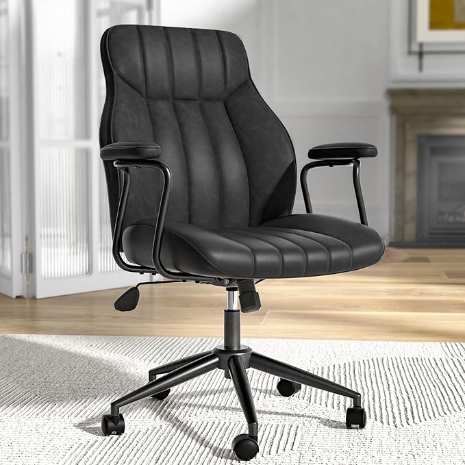 Black Leather Office Desk Chair with Wheels and Arms, Height Adjustable, Vintage, Mid Century Modern Style