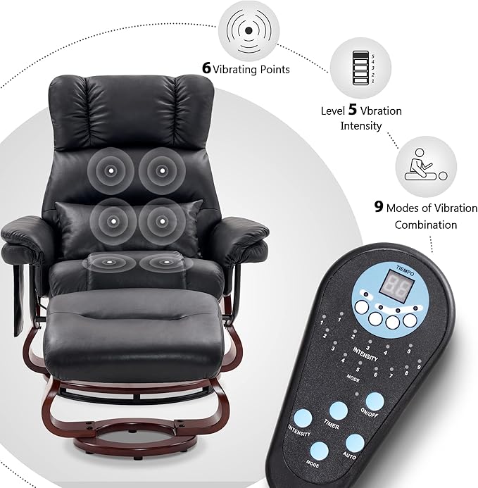 MCombo Swivel Recliners with Ottoman, Reclining TV Chairs with Vibration Massage, Faux Leather Ergonomic Lounge Chair for Living Room Bedroom 4832 (Black)