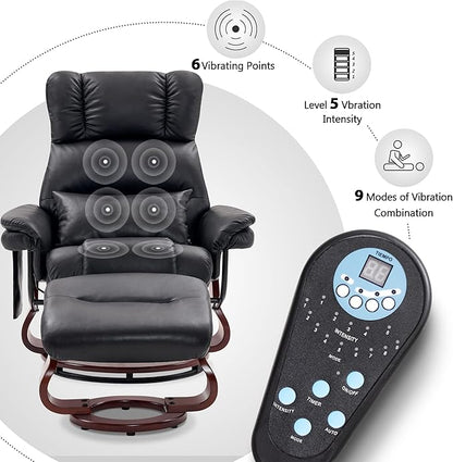 MCombo Swivel Recliners with Ottoman, Reclining TV Chairs with Vibration Massage, Faux Leather Ergonomic Lounge Chair for Living Room Bedroom 4832 (Black)