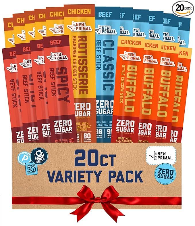 New Primal Meat Sticks Sampler, Grass Fed Beef, All Natural Chicken, Keto, Gluten Free Healthy Snacks for Adults, Sugar Free Low Carb High Protein Snack, Jerky Gift Basket, Paleo Whole30, Variety Pack, 20 Count