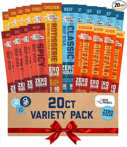 New Primal Meat Sticks Sampler, Grass Fed Beef, All Natural Chicken, Keto, Gluten Free Healthy Snacks for Adults, Sugar Free Low Carb High Protein Snack, Jerky Gift Basket, Paleo Whole30, Variety Pack, 20 Count