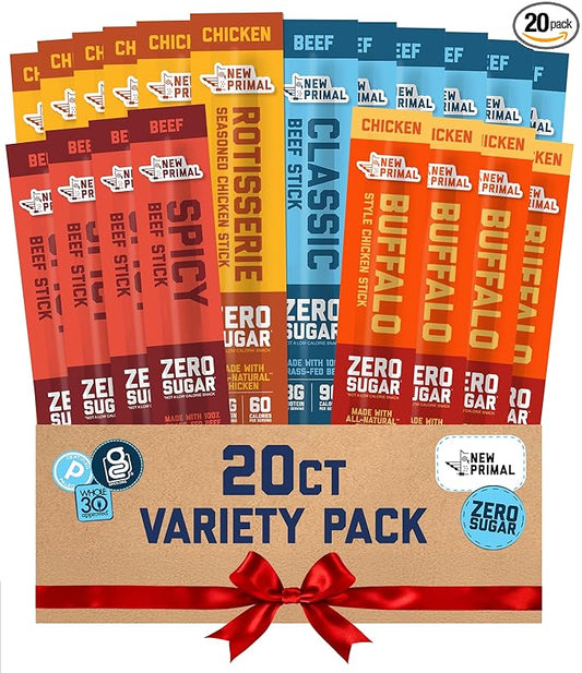 New Primal Meat Sticks Sampler, Grass Fed Beef, All Natural Chicken, Keto, Gluten Free Healthy Snacks for Adults, Sugar Free Low Carb High Protein Snack, Jerky Gift Basket, Paleo Whole30, Variety Pack, 20 Count