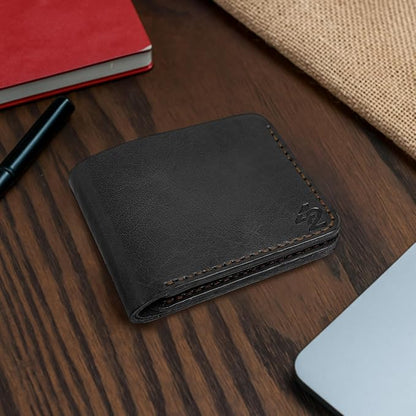 Genuine Leather Wallet for Men – Slim Bifold handmade mens wallet with ID Window & Card Slots Classic Minimalist Leather Wallet Gift (Black)