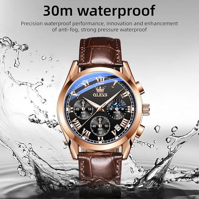 OLEVS Men's Leather Analog Quartz Watch - Luxury Chronograph Wristwatch With Date, Waterproof, Luminous - Dress Style