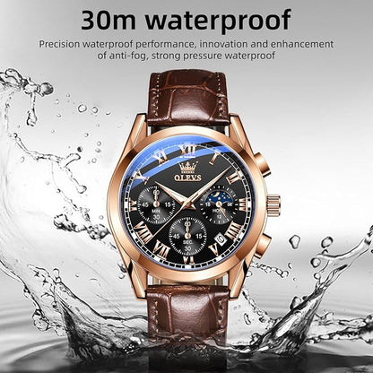 OLEVS Men's Leather Analog Quartz Watch - Luxury Chronograph Wristwatch With Date, Waterproof, Luminous - Dress Style