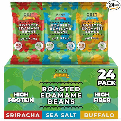 Crunchy Dry Roasted Edamame Beans Snack by Zest Delites, Sea Salt - Sriracha - Buffalo, Vegan, Low Calorie High Protein Snacks, Low Carb, Keto, Gluten Free, 0.9 oz 24 Packs