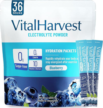 VitalHarvest 36 Sticks Electrolytes Powder Packets Sugar Free Hydration Packets Electrolyte Liquid Daily IV Drink Mix with Blueberry, Low Sodium, 0 Calorie