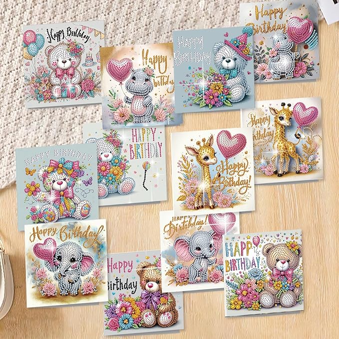 jinglinhh 12pcs Diamond Art Painting Birthday Bear Elephant Giraffe Flower Balloon Greeting Cards with Envelopes, DIY Card Making Kits for Adults, Diamond Art Postcards Christmas Cards Craft Gifts