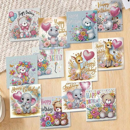 jinglinhh 12pcs Diamond Art Painting Birthday Bear Elephant Giraffe Flower Balloon Greeting Cards with Envelopes, DIY Card Making Kits for Adults, Diamond Art Postcards Christmas Cards Craft Gifts