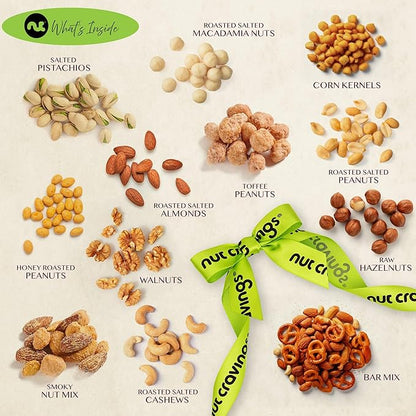 NUT CRAVINGS - Thanksgiving Mixed Nuts Gift Basket in Reusable Diamond Wooden Tray + Green Ribbon (12 Assortments) Holiday Xmas Christmas Food Arrangement Healthy Snack Care Package