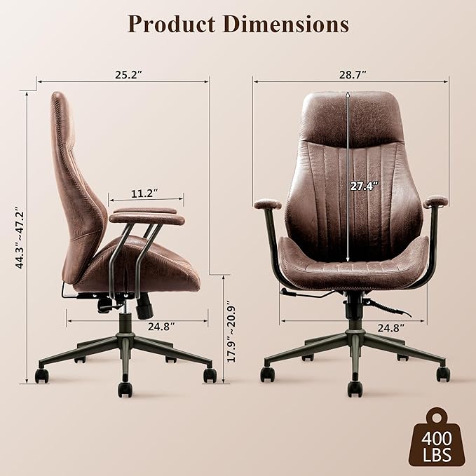 Mid Century Modren Office Chair,High Back Ergonomic Executive Chair with Lumbar Support, Computer Desk Swivel Task Chair with Wheels, Faux Lether Suede Fabric Home Chair (Dark Brown)