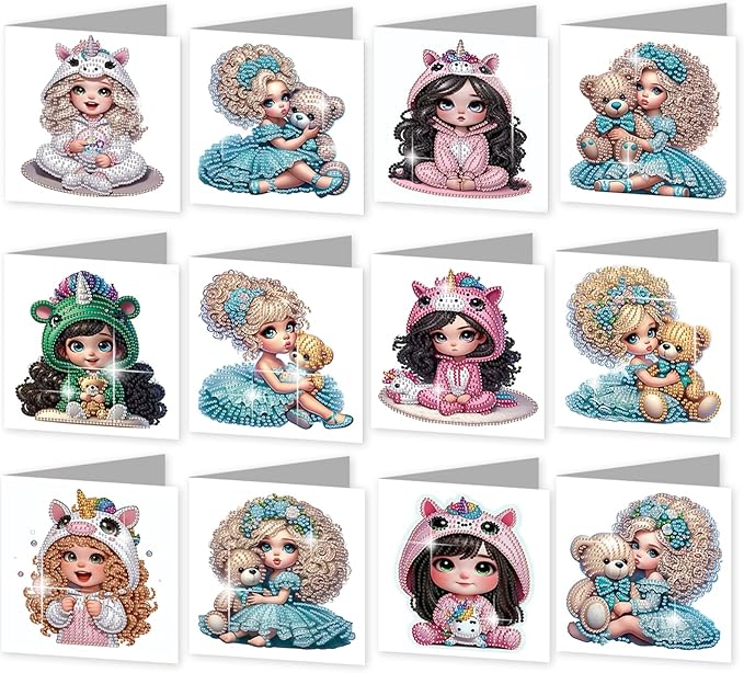 jinglinhh 12pcs Diamond Art Painting Little Girl Bear Greeting Cards with Envelopes, DIY Card Making Kits for Adults, Diamond Art Postcards Christmas Cards Craft Gifts
