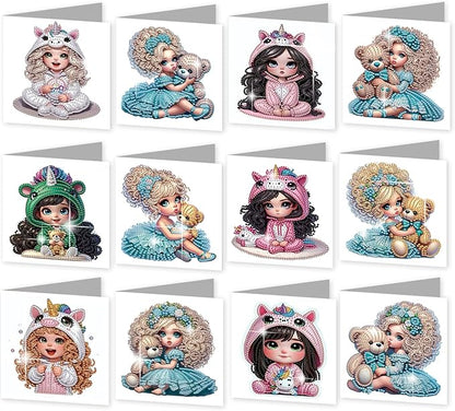jinglinhh 12pcs Diamond Art Painting Little Girl Bear Greeting Cards with Envelopes, DIY Card Making Kits for Adults, Diamond Art Postcards Christmas Cards Craft Gifts