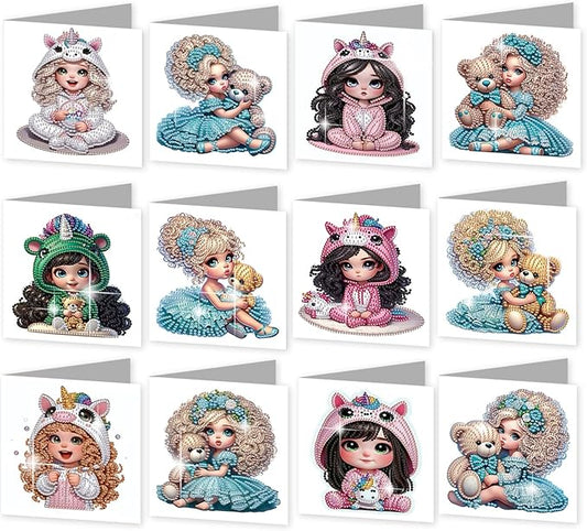 jinglinhh 12pcs Diamond Art Painting Little Girl Bear Greeting Cards with Envelopes, DIY Card Making Kits for Adults, Diamond Art Postcards Christmas Cards Craft Gifts