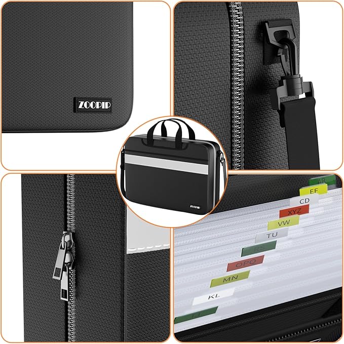 Accordion File Organizer with Lock,Fireproof Document Organizer Bag with Shoulder Strap,Large 13 Pocket Expanding File Folder,Portable Safe Storage for Letter/Legal Size-White Reflective Strip