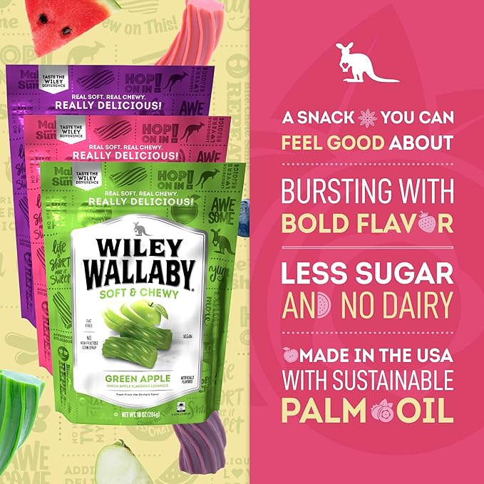 Wiley Wallaby Licorice 10 Ounce Variety Pack - Huckleberry, Apple & Watermelon Classic Gourmet Australian Style Soft & Chewy Licorice Candy - Pack of 3