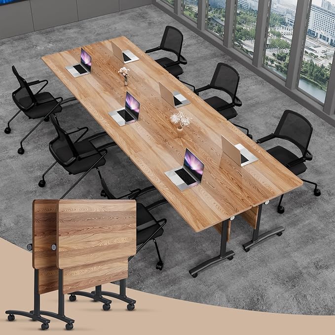 Conference Table Folding Conference Room Tables, Modern Mobile Meeting Training Table with Silent Wheels, Foldable Seminar Table for Offices, Classrooms, Libraries (2, Wood, 61in)