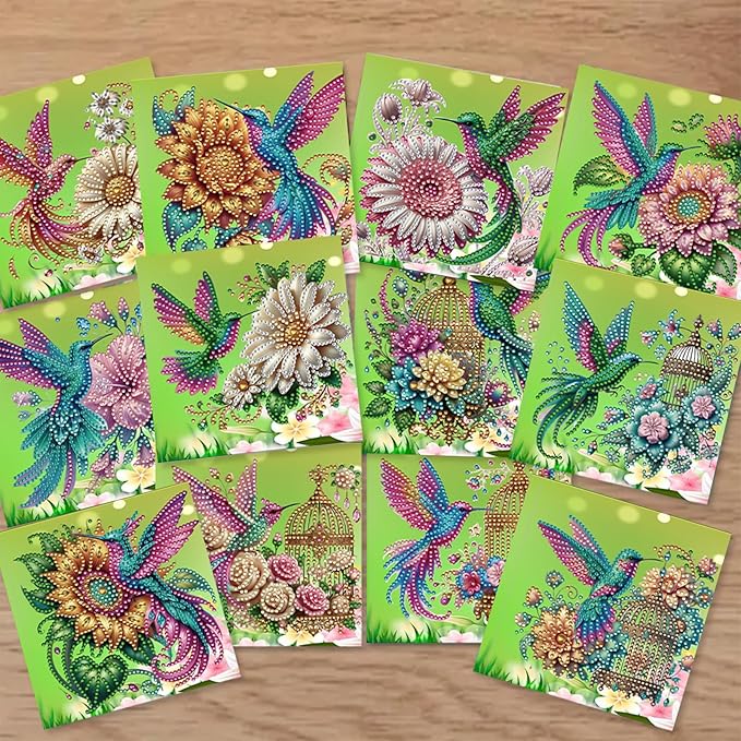 jinglinhh 12pcs Hummingbird Sunflower Diamond Art Painting Greeting Cards with Envelopes, DIY Card Making Kits for Adults, Diamond Art Christmas Cards for Birthday Holiday Postcards Craft Gifts