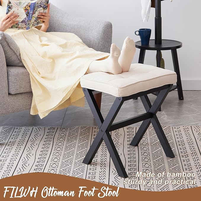 FILWH Foot Stool Small Ottoman Foot Rest Padded Foot Stool Desk Foot Stool for Under Office Desk Vanity Stool Bamboo Footstool Sofa Footrest Shoe Stool Small Foot Stools (Black Legs + Beige)