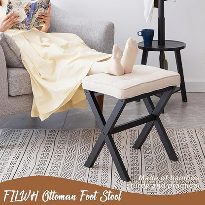 FILWH Foot Stool Small Ottoman Foot Rest Padded Foot Stool Desk Foot Stool for Under Office Desk Vanity Stool Bamboo Footstool Sofa Footrest Shoe Stool Small Foot Stools (Black Legs + Beige)