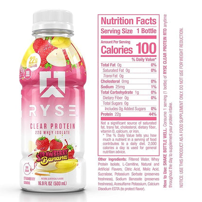 RYSE Clear Protein Drink - Strawberry Banana - 100 Calories, 22g Whey Isolate Protein Shake, Sugar-Free, 0g Fat & Lactose-Free - Refreshing Ready-to-Drink Beverage - 16.9 fl oz Bottles (12-Pack)