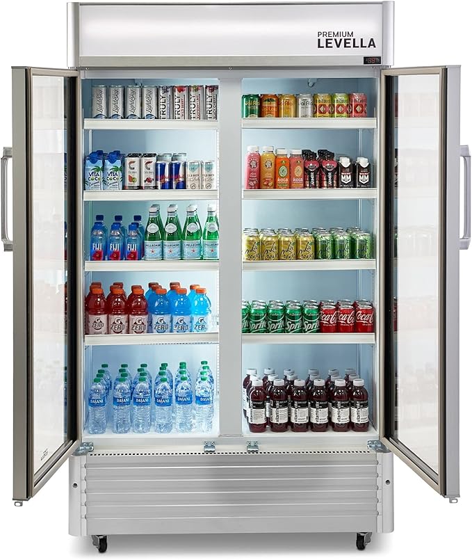 PremiumLevella PRN290DX Glass Door Display Refrigerator 29 cu ft Commercial Beverage Cooler Merchandiser With Customizable Lightbox - Silver