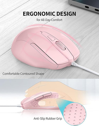 TECKNET Wired Mouse, 6-Button Corded with 4 Adjustable DPI, Optical Ergonomic Design, 5FT Cord for Laptop, Chromebook, PC, Desktop, Mac, Notebook - Pink