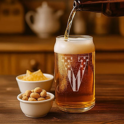 Monogram Beer Glasses for Men (A-Z) 16 oz - Beer Gifts for Men Brother Son Dad Neighbor - Unique Christmas Gifts for Him - Personalized Drinking Gift Beer Glass Mugs - Engraved Beer Can Glass (V)