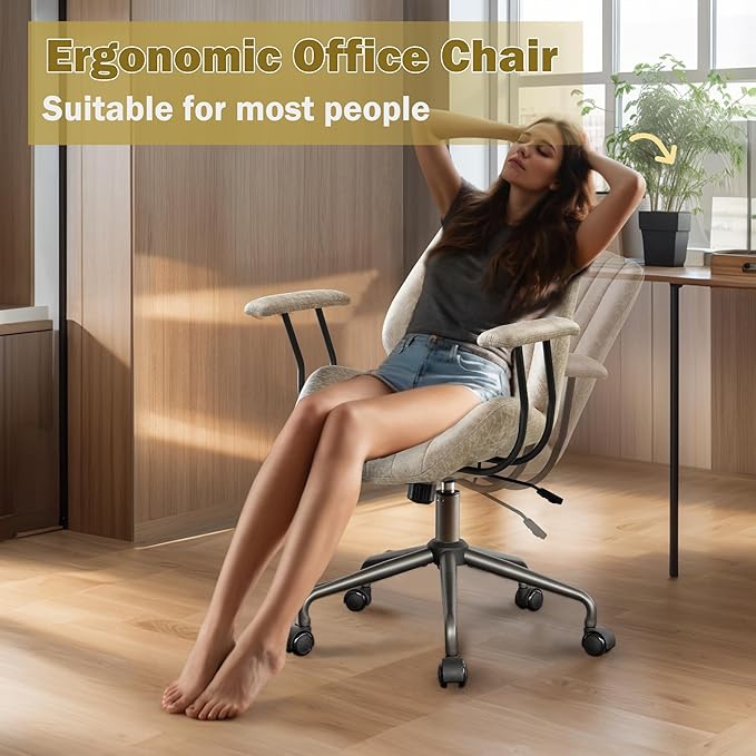 Home Office Desk Chair Adjustable Height, Ergonomic Executive Office Chair with Armrests, Rolling Comfy Desk Chair with Lumbar Support, Mid Century Modern, Beige