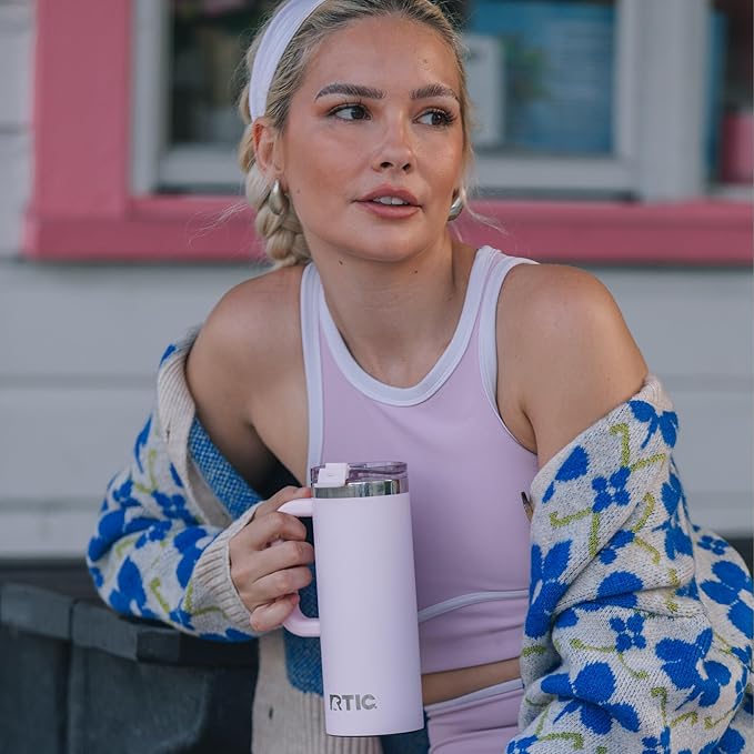 RTIC 16oz Road Trip Travel Mug with Lid and Handle, Ceramic Lined, Insulated, Stainless Steel, Metal, Double Wall Vacuum-Insulation, Portable Coffee, Tea Cup for Hot and Cold Drink, Pale Pink