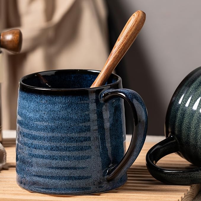 Ceramic Coffee mugs, 21 oz, Extra Large Mugs, Big Tea Cups, Large Handle, Pottery Mugs, Big Belly, Transmutation Glaze，Wide Bottom, stripe pattern, Microwave and Dishwasher Safe. (Blue)