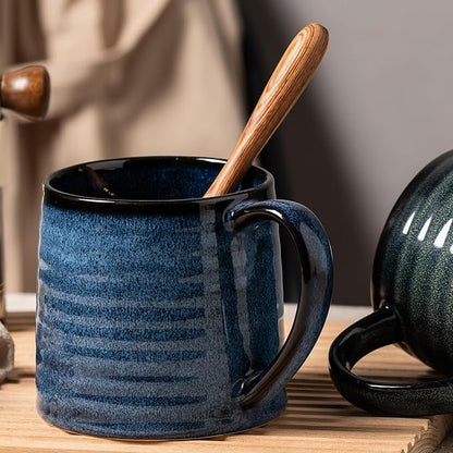 Ceramic Coffee mugs, 21 oz, Extra Large Mugs, Big Tea Cups, Large Handle, Pottery Mugs, Big Belly, Transmutation Glaze，Wide Bottom, stripe pattern, Microwave and Dishwasher Safe. (Blue)
