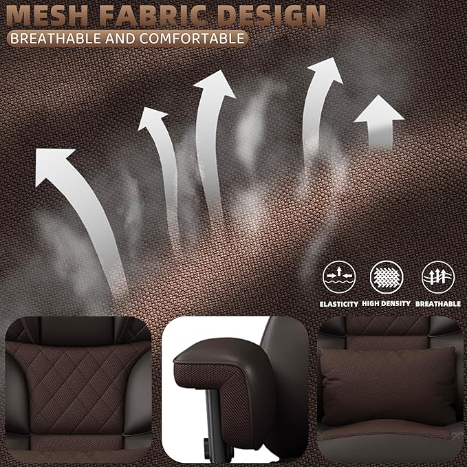 Vonesse Big and Tall Office Chair, Computer Chair with Soft Adjustable Armrests, Ergonomic High Back Gaming Chair with Lumbar Support, Executive Chairs with Footrest (PU Leather + Mesh Fabric,Brown)