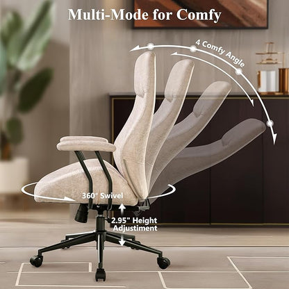 Mid Century Modren Office Chair - Fuax Leather Suede Brown Executive Chairs Ergonomic Mid Back with Lumbar Support, Swivel Computer Desk Task Chair with Wheels for Home Office (Beige, Hign Back)
