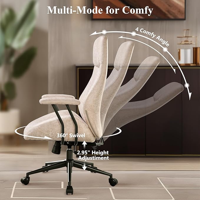 Mid Century Modren Office Chair,Computer Desk Swivel Task Chair with Wheels, High Back Ergonomic Executive Chair with Lumbar Support, Faux Lether Suede Fabric Home Chair (High Back, Beige)
