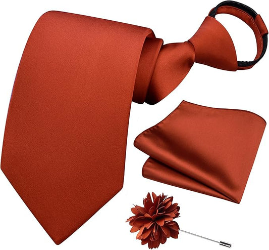 Branduce 3.15"（8cm） Pre-tied Adjustable Zipper Tie and Lapel Pin Solid Necktie Handkerchief Set for Men