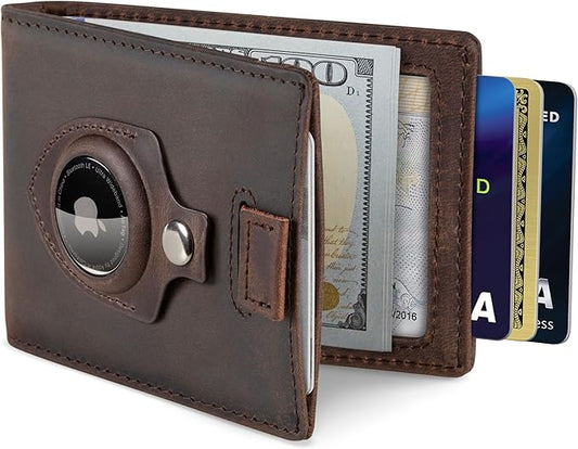 SERMAN BRANDS AirTag Wallet - RFID Blocking Mens Minimalist Money Clip Wallet for Airtag - Full Grain Leather - Slim Bifold. Front Pocket Air tag Wallets for men. Gift