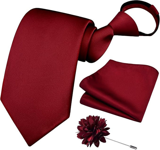 Branduce 3.15"（8cm） Pre-tied Adjustable Zipper Tie and Lapel Pin Solid Necktie Handkerchief Set for Men