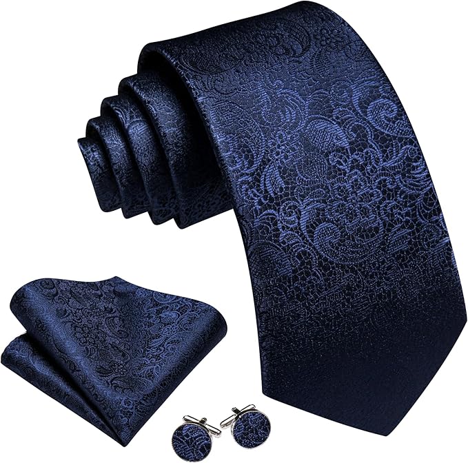 Barry.Wang Tie Sets for Men Silk Solid Necktie Stain Ties Handkerchief Pocket Square Cufflinks Wedding Business Dyed