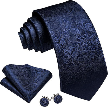 Barry.Wang Tie Sets for Men Silk Solid Necktie Stain Ties Handkerchief Pocket Square Cufflinks Wedding Business Dyed