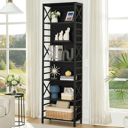 HOMBAZAAR 7 Tier Bookshelf, 78 Inch Tall Rustic Bookshelf with Metal Frame, Industrial Heavy Duty Bookshelves and Bookcases, Open Book Shelf for Office, Living Room and Library, Black