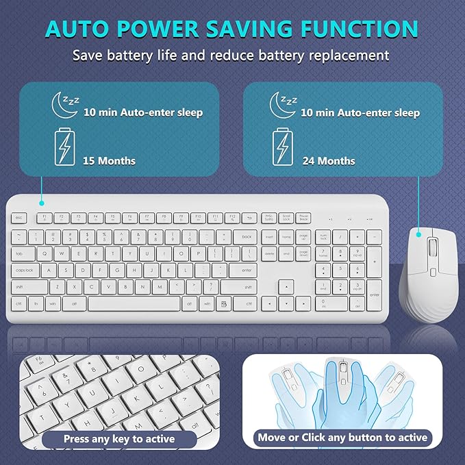 Wireless Keyboard and Mouse Combo, 2.4G Lag-Free Full Size Computer Keyboard and Ergonomic Adjustable DPI Silent Contoured Optical Mouse, Long Battery Life for PC, Windows, MAC Laptop (White)