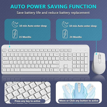 Wireless Keyboard and Mouse Combo, 2.4G Lag-Free Full Size Computer Keyboard and Ergonomic Adjustable DPI Silent Contoured Optical Mouse, Long Battery Life for PC, Windows, MAC Laptop (White)