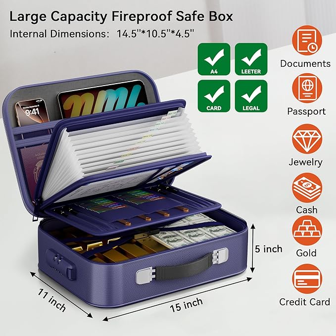 Fireproof Document Box, Hard Case Fireproof Box with Lock, Portable Hard-Shell Fireproof Water Resistant Document Safe for Important Documents, Laptops, Passports, Files and More (Blue)
