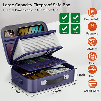 Fireproof Document Box, Hard Case Fireproof Box with Lock, Portable Hard-Shell Fireproof Water Resistant Document Safe for Important Documents, Laptops, Passports, Files and More (Blue)