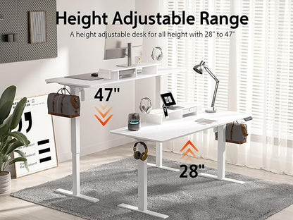 55x24 Inches Electric Standing Desk with Drawer and Monitor Stand, Height Adjustable Stand up Desk for Home Office, Ergonomic Sit to Stand Table with Phone Holder, 3 Hooks, White