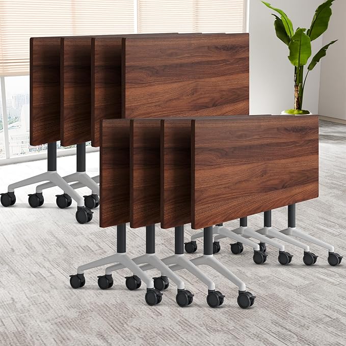 Conference Table, Folding Conference Room Table On Wheels Foldable Office Conference Table Moderen Modular Conference Training Table for Classroom Meeting(Walnut, 63IN, 8)